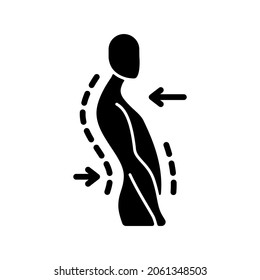 Icono de glifo negro de la postura de swayback. Trastorno de la curvatura de la columna vertebral. Pobre postura. Deformidad postural. Movimiento torácico hacia atrás. Símbolo de silueta en el espacio blanco. Ilustración aislada del vector