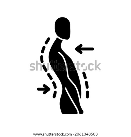 Swayback posture black glyph icon. Spine curvature disorder. Poor posture. Postural deformity. Backward thoracic spine movement. Silhouette symbol on white space. Vector isolated illustration