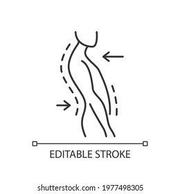 Swayback posture linear icon. Spine curvature disorder. Poor posture. Postural deformity. Thin line customizable illustration. Contour symbol. Vector isolated outline drawing. Editable stroke