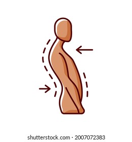 Swayback posture RGB color icon. Spine curvature disorder. Poor posture. Postural deformity. Backward thoracic spine movement. Ligament sprain. Muscle imbalances. Isolated vector illustration