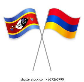 Swazi and Armenian crossed flags. Swaziland combined with Armenia isolated on white. Language learning, international business or travel concept.