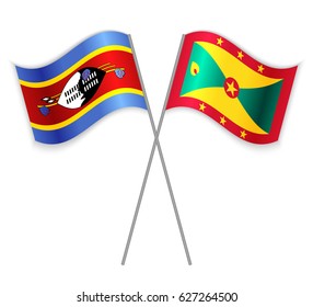 Swazi and Grenadian crossed flags. Swaziland combined with Grenada isolated on white. Language learning, international business or travel concept.