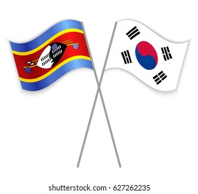 Swazi and South Korean crossed flags. Swaziland combined with South Korea isolated on white. Language learning, international business or travel concept.