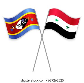 Swazi and Syrian crossed flags. Swaziland combined with Syria isolated on white. Language learning, international business or travel concept.