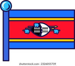 Swaziland country nation flag on flagpole vector. Horizontal triband of blue, red and yellow with black and white nguni shield covering spears and staff. Kingdom of eswatini flat cartoon illustration