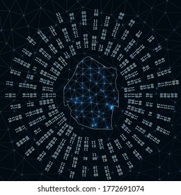 Swaziland digital map. Binary rays radiating around glowing country. Internet connections and data exchange design. Vector illutration.