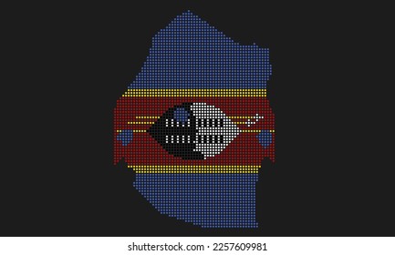 Swaziland or Eswatini dotted map flag with grunge texture in mosaic dot style. Abstract pixel vector illustration of a country map with halftone effect for infographic. 