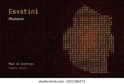 Swaziland, Eswatini Map Shown in Binary Code Pattern. TSMC. Blue Matrix numbers, zero, one. World Countries Vector Maps. Digital Series