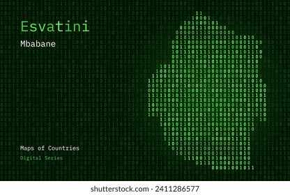Swaziland, Eswatini Map Shown in Binary Code Pattern. TSMC. Blue Matrix numbers, zero, one. World Countries Vector Maps. Digital Series