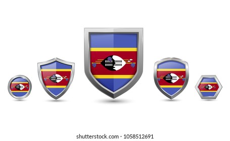 Swaziland flag badges - silver shape shield circle hexagon - stock vector illustration 