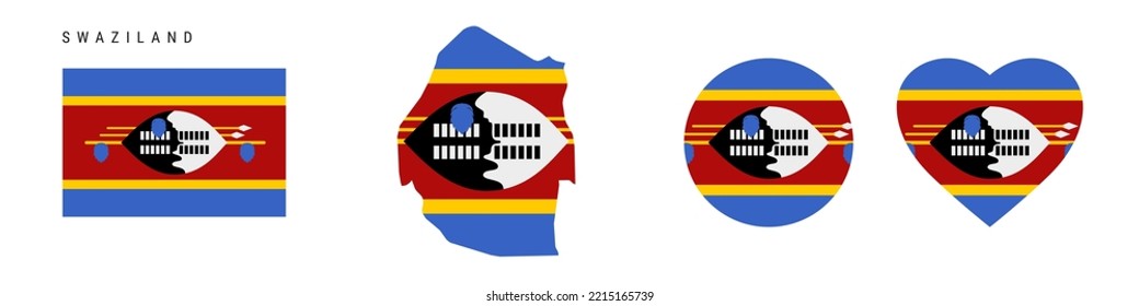 Swaziland flag icon set. Eswatini pennant in official colors and proportions. Rectangular, map-shaped, circle and heart-shaped. Flat vector illustration isolated on white.