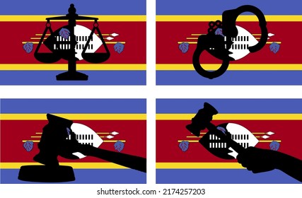 Swaziland flag with justice vector silhouette, judge gavel hammer and scales of justice and handcuff silhouette on country flag, Swaziland law concept, design asset, freedom idea