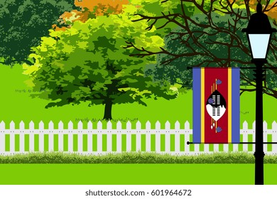 Swaziland Flag, Landscape of Park, Trees, Fence wooden and Street light Vector Illustration 