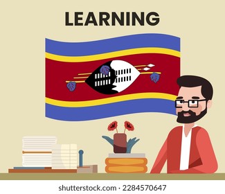 Swaziland flag with a male teacher, learning or teaching Swaziland language, bearded man with glasses and country flag vector design, language school concept