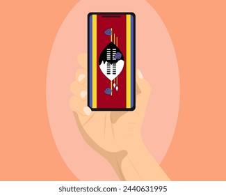 Swaziland flag on mobile phone screen, holding smartphone, advertising social media or banner concept, Swaziland flag showing on phone screen, technology news idea