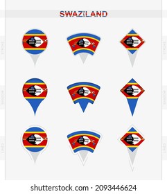 Swaziland flag, set of location pin icons of Swaziland flag. Vector illustration of national symbols.