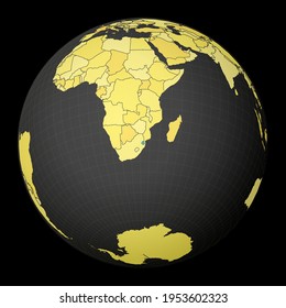 Swaziland highlighted on a dark globe with a yellow world map. Satellite world projection centered on Swaziland. Stylish vector illustration.