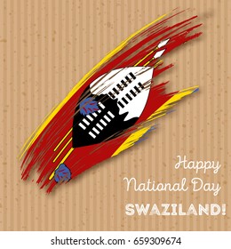 Swaziland Independence Day Patriotic Design. Expressive Brush Stroke in National Flag Colors on kraft paper background. Vector Greeting Card.