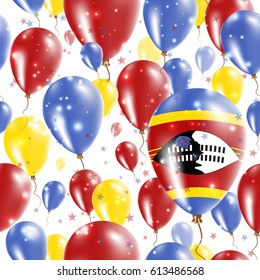 Swaziland Independence Day Seamless Pattern. Flying Rubber Balloons in Colors of the Swazi Flag. Happy Swaziland Day Patriotic Card with Balloons, Stars and Sparkles.