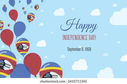 Swaziland Independence Day Sparkling Patriotic Poster. Row of Balloons in Colors of the Swazi Flag. Greeting Card with National Flags, Blue Skyes and Clouds.