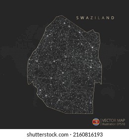 Swaziland map abstract geometric mesh polygonal light concept with black and white glowing contour lines countries and dots on dark background. Vector illustration.