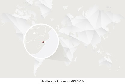 Swaziland map with flag in contour on white polygonal World Map. Vector Illustration.