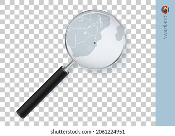 Swaziland map with flag in magnifying glass on transparent background. Vector loupe with map.