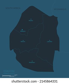 Swaziland map. High detailed map of Swaziland with countries, borders, cities, water objects. Vector illustration eps10