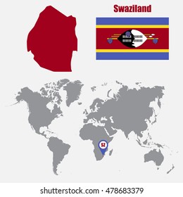 Swaziland map on a world map with flag and map pointer. Vector illustration