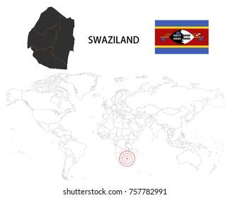 Swaziland map on a world map with flag on white background.