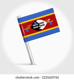 Swaziland map pin flag icon. Eswatini pennant map marker on a metal needle. 3D realistic vector illustration.