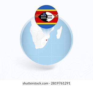 Swaziland Map with Round Swaziland Flag Pin Pointer on Circular Globe. Vector map icon.