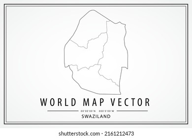 Mapa de Suazilandia - Mapa mundial de la plantilla de vector internacional con alto detalle de línea negra delgada y esquema de dibujo gráfico estilo aislado en fondo blanco - Ilustración vectorial eps 10