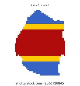 Swaziland pixel flag map icon. 8 bit pixel art Eswatini map covered with flag. Flat vector illustration isolated on white background.