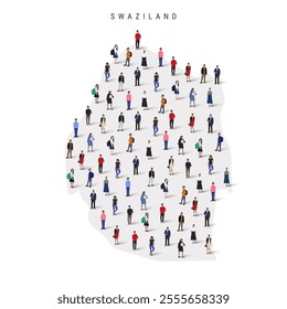 Swaziland population map. Large group of realistic a diverse crowd of people figures in a shape of Eswatini map. Flat vector illustration isolated on white.