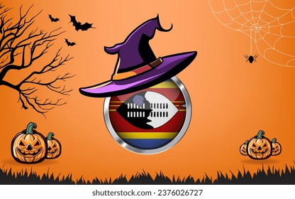 swaziland round flag with Happy Halloween banner or party invitation background. bats, spiders and pumpkins, orange background