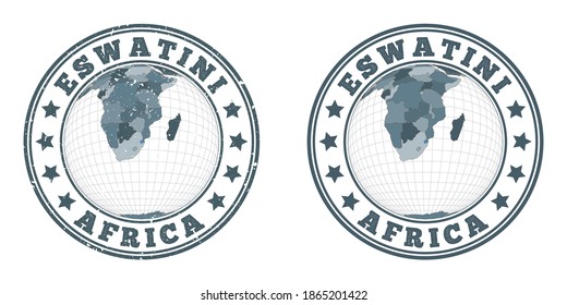 Swaziland round logos. Circular badges of the country with a map of Swaziland in a world context. Plain and textured country stamps. Vector illustration.