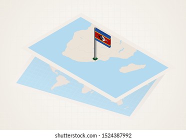 Swaziland selected on map with 3D flag of Swaziland. Vector paper map.