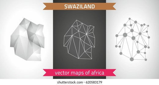 Swaziland set of grey and silver mosaic 3d polygonal maps. Graphic vector triangle geometry outline shadow perspective maps
