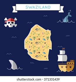 Swaziland treasure map in flat design. Colorful cartoon treasure map of Swaziland with flat design icons of pirate ship and jolly roger. Swaziland flat design vector illustration.