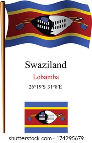 swaziland wavy flag and coordinates against white background, vector art illustration, image contains transparency