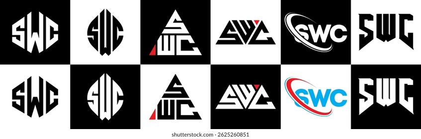 Design de logotipo de letra SWC em estilo seis. Polígono SWC, círculo, triângulo, hexágono, estilo simples e plano com logotipo de letra de variação de cor preto e branco definido em uma prancheta. SWC minimalista e logotipo clássico