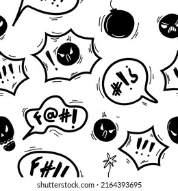 Swear angry doodle seamless pattern. Sketch hand drawn speech bubble with swear words symbols. Comic speech bubble with curses, lightning. Angry screaming face emoji. Vector illustration on white.