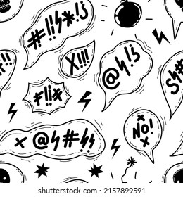 Swear angry seamless pattern. Doodle hand drawn speech bubble with swear words symbols. Comic speech bubble with curses, lightning. Angry screaming face emoji. Vector illustration on white.