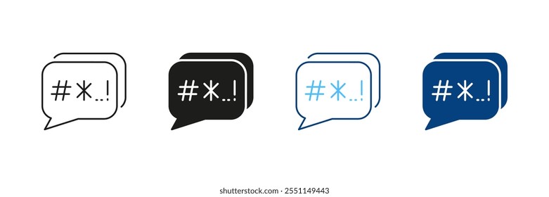 Linha Swear And Argue e Conjunto de Ícones de Silhueta. Reclamação do cliente. Símbolo de Cyberbullying. Bolha De Fala Com Pictograma Censurado De Palavras Ruins. Traço editável. Ilustração de vetor isolada.