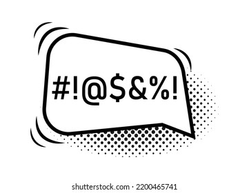 Icono de la burbuja de sudor con lenguaje de voz malo en lineart aislado con semitono de sombra. Hable burbuja con texto censurado. Esbozo vectorial ilustración para meme, afiche, pancarta de odio, etiqueta