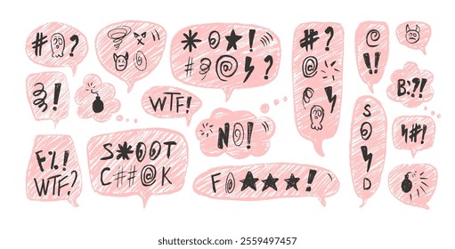 Swear communication speech bubbles. Negative abstract crayon doodle text. Bad bulling expression on chat dialog boxes. Strong language. isolated on white background. Vector hand drawn illustration