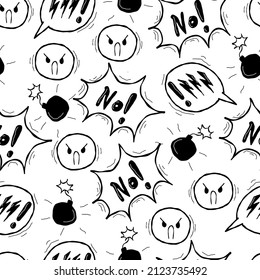 Swear curses angry doodle seamless pattern. Hand drawn speech bubble with curses, swear word, anger face, lightning. Angry smile face emoji. Vector illustration isolated on white.