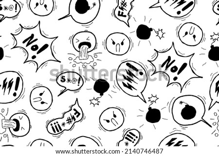 Swear seamless pattern. Doodle hand drawn speech bubble with swear words symbols. Comic speech bubble with curses, lightning. Angry screaming face emoji. Vector illustration on white.