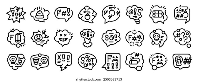 Swear speech bubble icons set. Set of icons representing people expressing negative emotions with swear words, insults, and aggressive symbols in speech bubbles